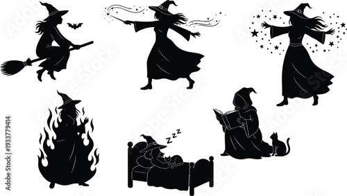 Black witch silhouette set featuring mystical female characters casting spells, flying on broomstick, reading magic books, and sleeping with a cat for Halloween design.