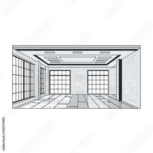 empty room, interior design, line drawing, illustration, architecture