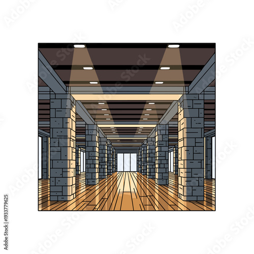 Long corridor with gray stone walls and wooden floor, bright interior lighting