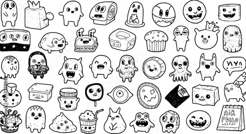 Quirky Hand-Drawn Doodle Monsters and Kawaii Cartoon Characters Set. Funny Black and White Illustrations of Cute Food, Objects, and Creature Doodles.