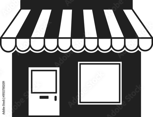 Black and White Storefront Icon with Striped Awning Minimal Retail Shop Building Silhouette Isolated on White Background for Small Business and Ecommerce Concept