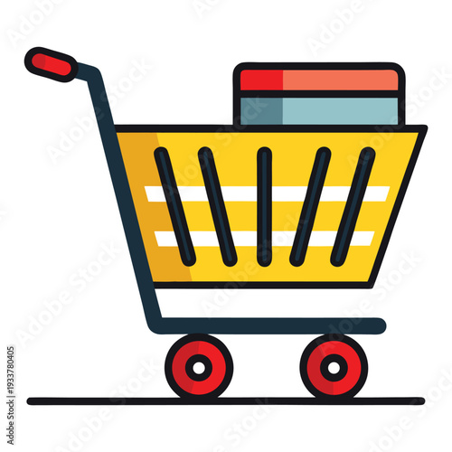 Yellow shopping cart containing stacked boxes moves smoothly along the horizontal line