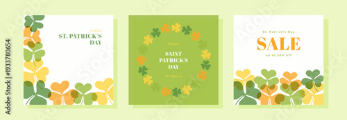 Happy St Patrick's day poster template set. Irish holiday concept March 17. Vector shamrock leaves frame. Sale 50 % off