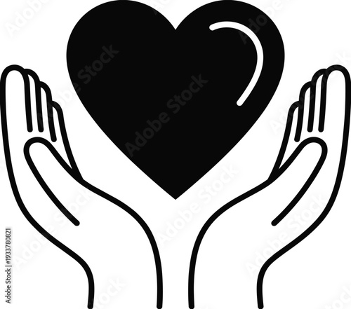 Hands Holding Heart Icon Symbolizing Love Care Support Charity and Protection Concept Black and White Minimal Line Illustration Isolated on White Background