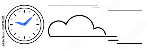 Clock with blue hands beside a cloud and stylized motion lines. Ideal for time management, speed, scheduling, efficiency, simplicity, productivity, organization. Minimalistic flat design as simple