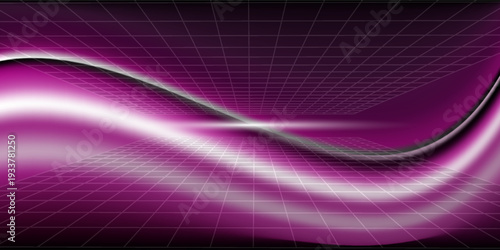 Glowing pink neon wireframe horizon background. Magenta grid room floor in perspective. Bright retro futuristic wallpaper. Abstract checkered plane landscape. Game cyber surface. Vector backdrop