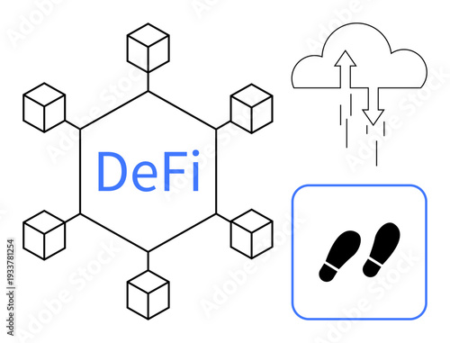Decentralized Finance concept. DeFi interconnected blockchain technology highlighting digital footprint and cloud storage. DeFi reshaping finance and cryptocurrency landscapes. For fintech