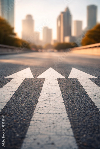 Three painted arrows on asphalt lead towards a city background