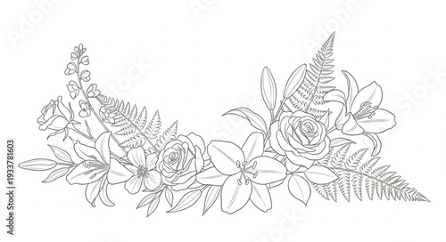 Elegant floral arrangement sketch with roses and leaves.