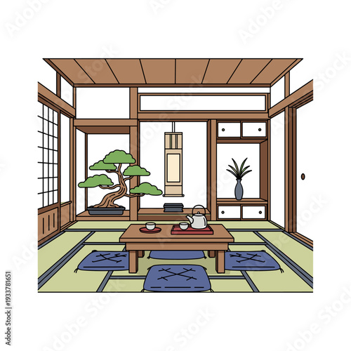 Traditional Japanese tatami room with bonsai tree and tea set