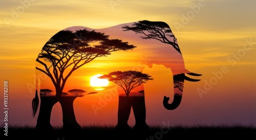 An artistic silhouette of an elephant with trees and the sun, set against a vibrant sunset backdrop.