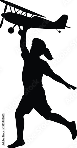 Silhouette of Child Running with Toy Airplane Symbolizing Imagination Freedom Dreams and Childhood Adventure Minimal Black and White Illustration Isolated on White Background