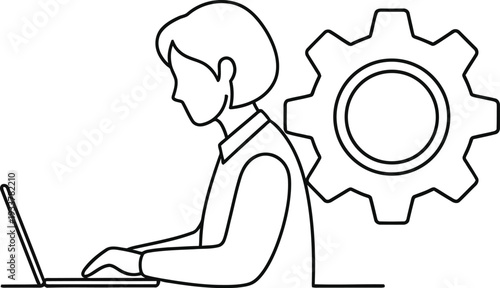 A person working on a laptop with a large gear symbol next to them.