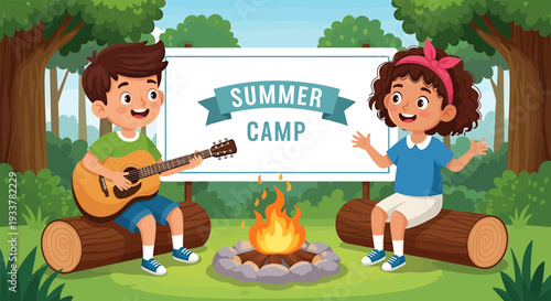 Cheerful Children Enjoying Summer Camp Activities, Boy Playing Guitar by Campfire