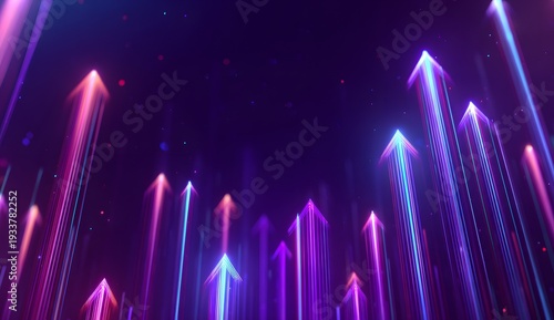 Glowing neon arrows ascending in dark digital space symbolizing growth success progress and futuristic technology concepts with abstract light streaks and bokeh effects