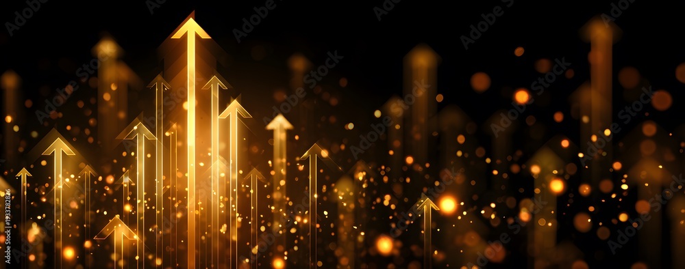 Obraz premium Golden arrows ascend over glowing bokeh lights representing financial growth and business success with dark background dynamic abstract futuristic financial concept