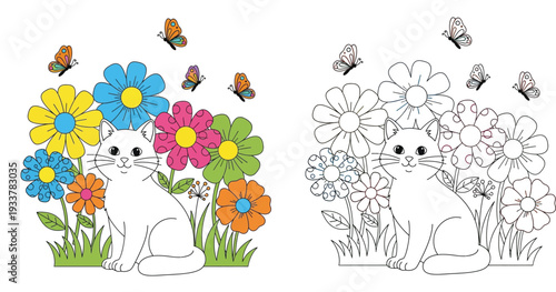 Cute cartoon white cat sitting in spring flowers with butterflies, coloring book page template with color reference illustration for kids.