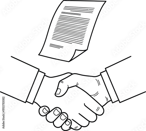 Two hands shaking with a document in the background symbolizing an agreement.