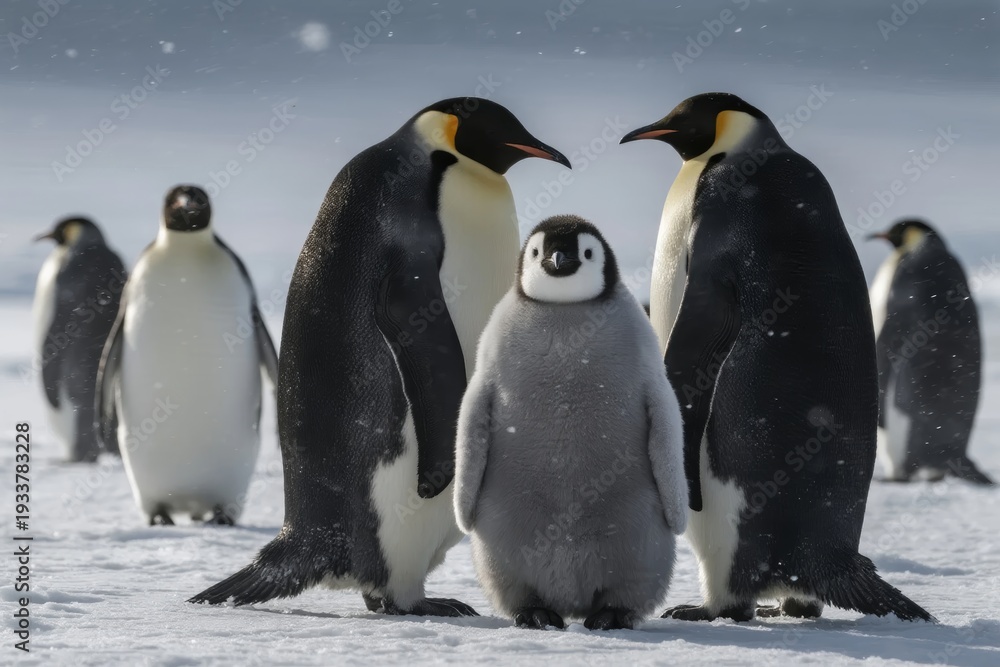 Obraz premium Group of emperor penguins with a chick standing on snowy terrain in Antarctica