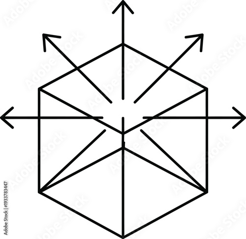A geometric diagram showcasing a hexagon with intersecting lines and arrows