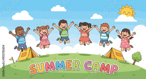 Joyful diverse children jumping high at a vibrant summer camp illustration