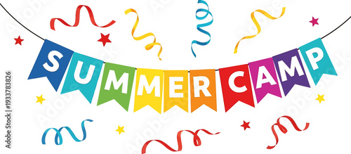 Vibrant Summer Camp Banner with Colorful Pennants, Ribbons, and Stars Vector Illustration