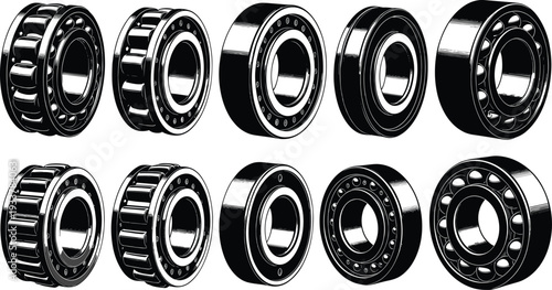 Detailed Illustration of Various Industrial Ball and Roller Bearings Set for Mechanical Engineering Maintenance, Automotive Spare Parts Catalog, and Heavy Machinery Manufacturing Components Industry.