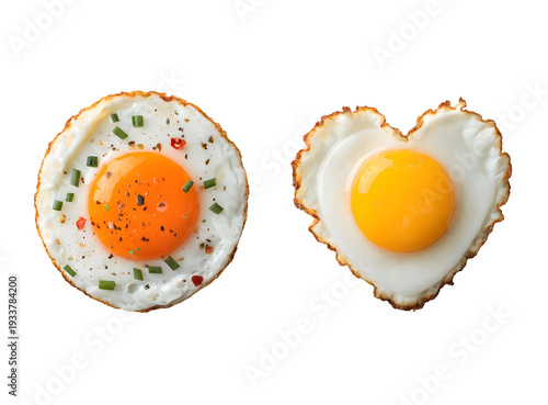Sunny-Side-Up Eggs: A culinary display of two perfectly cooked sunny-side-up eggs, one in its classic circular form and the other shaped with loving care. A delightful sight.