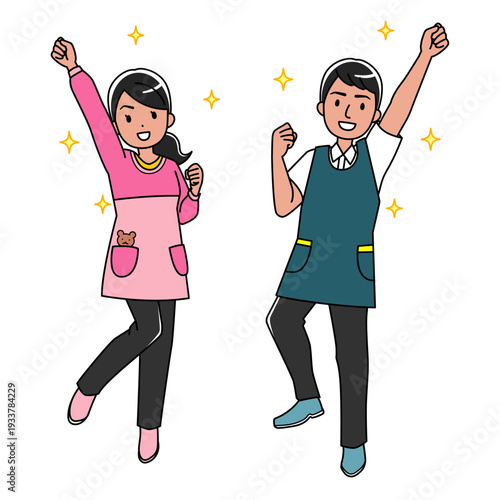 エプロン姿の元気な東南アジア系男女のカラーイラスト