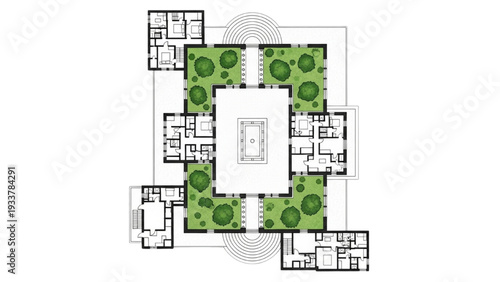 High Quality Black Line Art of Roman Villa Floor Plan with Peristyle Garden Courtyard and Columned Walkway, Ancient Architectural Layout, Top View Illustration