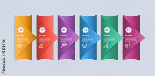 6 points infographic with glossy gradient style with creative box with sharp edge like arrow folding paper with six segment information