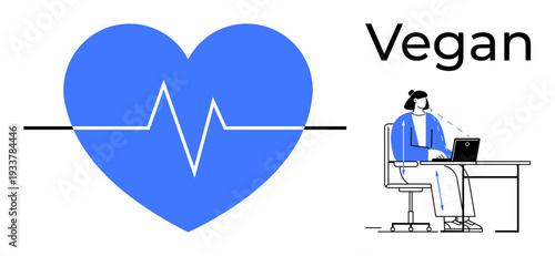 Vegan concept. ation of a blue heart with an ECG line and a woman working on a laptop, health, vegan lifestyle, remote work productivity, and clean eating. Use cases include healthy living
