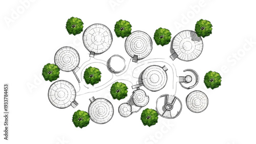 High Quality Black Line Art of Traditional African Round Hut Compound Floor Arrangement with Clustered Circular Forms, Top View Vernacular Architecture Layout Illustration