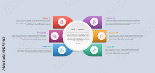 6 points infographic with glossy gradient style with big circle center with round rectangle spreading left and right with six segment information