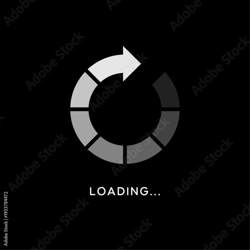 Minimalist circular loading progress icon with arrow style spinner on a solid black background for digital UI UX.