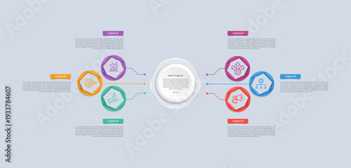 6 points infographic with glossy gradient style with circle center with small badge dot line connection with balance symmetric with six segment information