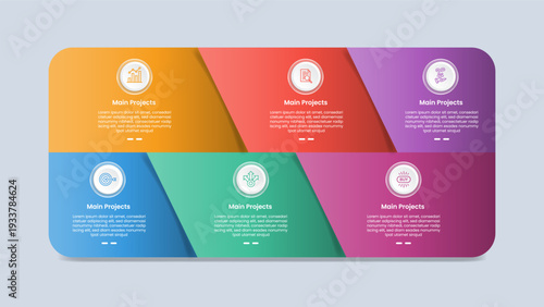 6 points infographic with glossy gradient style with big round box container with skew divider inside with six segment information