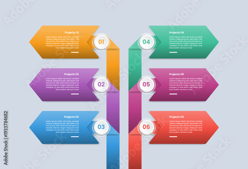 6 points infographic with glossy gradient style with big arrow box container line connection spreading left and right direction with six segment information