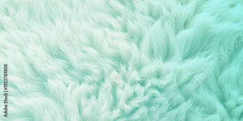 Soft teal green fur texture background with flowing strands and copy space for design elements.