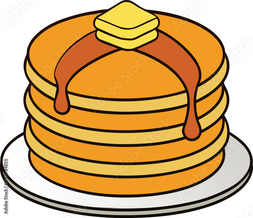 Stack of golden pancakes with butter and syrup drizzle on white plate vector illustration EPS PNG file