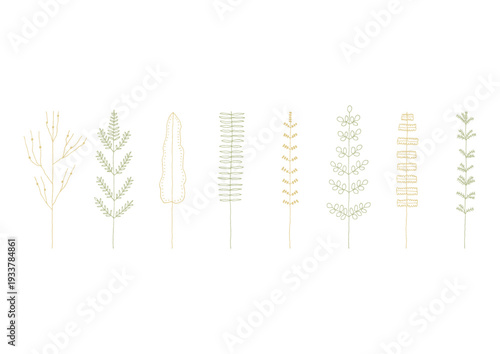 シダやソテツ等の植物をイメージした手描きの線画イラストセット1（黄色と緑）