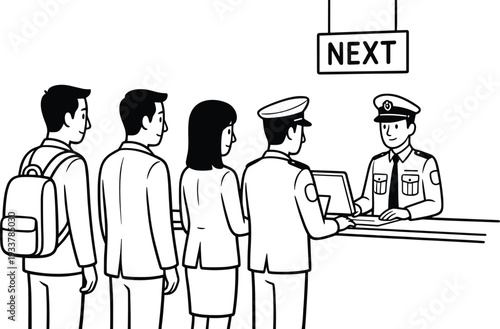 Line art illustration of travelers waiting in queue at airport immigration counter with officer checking passports for international travel security and border control customs