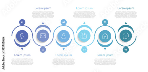 A horizontal timeline with 6 circular milestones connected by a sleek arrow line, ideal for workflow or product launches. Each step includes space for dates, short descriptions.