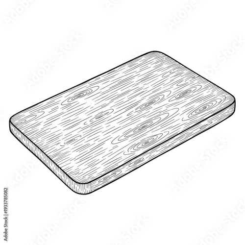 Rectangular wooden cutting board line art in black and white