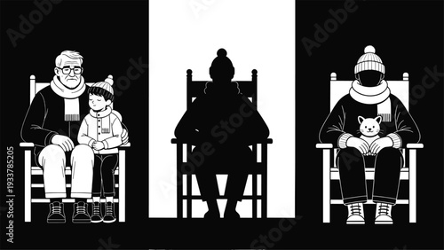 Minimalist black and white family illustration showing an elderly man with child, a middle silhouette shadow, and a lonely person holding a cat.