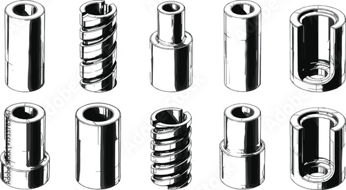 Set of 3D Isometric Industrial Mechanical Parts Including Metal Cylinders Threaded Screws Flanged Bushings and Steel Pipe Connectors for Engineering Manufacturing and Technical Design Concepts