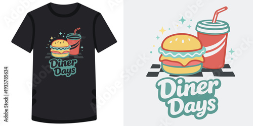 Cute and colorful diner days tshirt design featuring a burger and soda cup illustration perfect for food lovers and casual dining themes