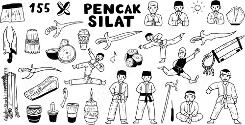 Hand-drawn doodle set of Pencak Silat martial art: fighters in various stances, traditional weapons like keris and golok, and cultural instruments, representing Indonesian and Malay heritage.