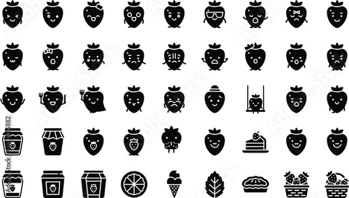 Set of cute strawberry character icons with various facial expressions and berry food items including jam jars, cake, pie, ice cream, and fruit basket