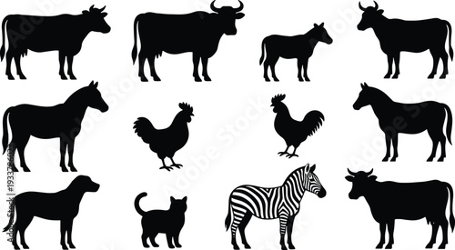 Set of domestic farm animals silhouettes including cows, bulls, horses, roosters, dog, cat, and a striped zebra isolated on a clean white background for design.